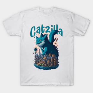 Catzilla Unleashed Funny Cartoon-Style Feline T-Shirt